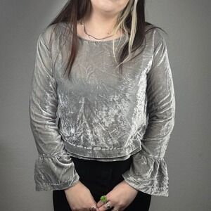 Womens Long Sleeve Velvet Burnout Crop Top Bell Sleeve Shimmer Gray M